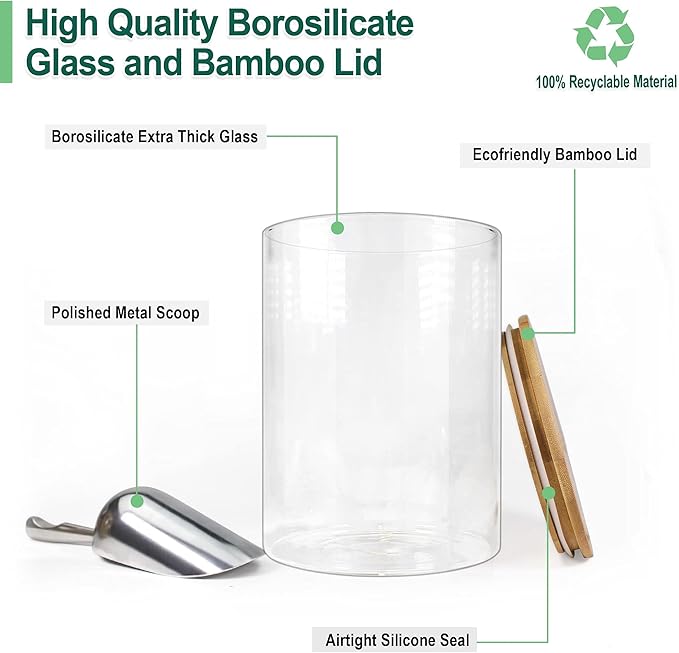 Urban Green Glass Jar with Bamboo Lids (2 sets 100oz) with Metal Scoop, Food Storage Containers with Airtight Lids, Glass Canisters sets, Flour Container Jar-Ruum Studio Home