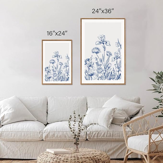 SIGNINART Classic Chinoiserie Botanical Framed Canvas Wall Art, Blue and White Floral Wall Decor, Minimalist Flower Artwork, Navy Blue Wildflower Art Painting for Bedroom Living Room Office 24"x36"x3-Ruum Studio Home