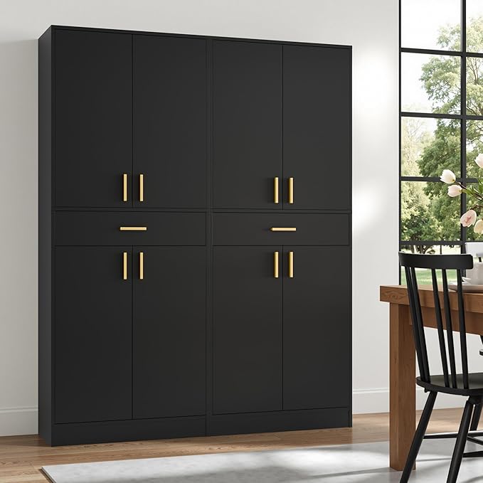 Cozy Castle Pantry Cabinet, 71" Tall Kitchen Storage Cabinet with Doors and Shelves, Freestanding Wood Cupboard Utility Hutch with Drawer for Dining Room Living Room Bathroom Furniture, Black-Ruum Studio Home