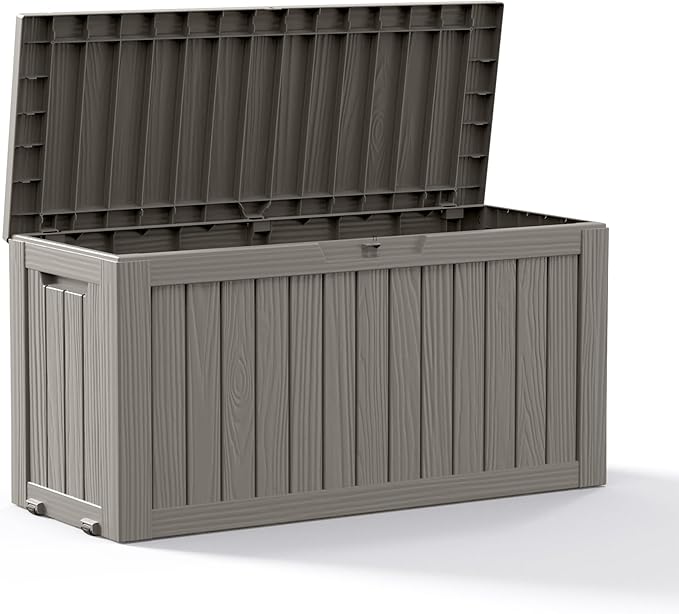 DRATO 75 Gallon Deck Box, Waterproof Resin Large Outdoor Storgae Box for Patio Furniture, Patio Cushions, Gardening Tools, Pool and Sports Supplies, Lockable-Ruum Studio Home