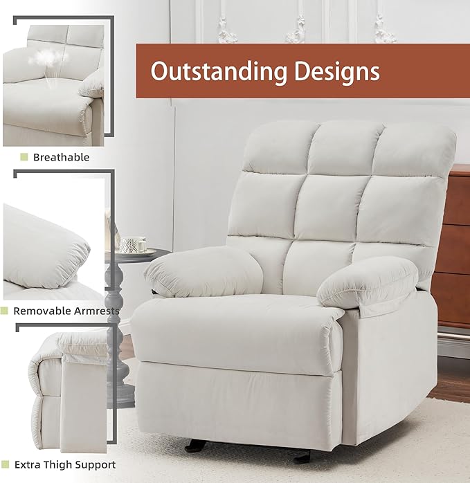 Rocker Recliner Chair, Overstuffed Manual Rocking Recliner for Adults, Upholstered Comfy Soft Fabric Living Room Reclining Sofa Chair (Beige Fabric)-Ruum Studio Home