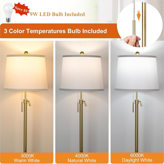 Gold Floor Lamp for Living Room, Tall Standing Lamp 55-65" Adjustable Modern Brass Floor Lamps for Bedroom Reading Office Kids 3 Color Lights Corner Night Stand (9W LED Bulb, White Shade)-Ruum Studio Home