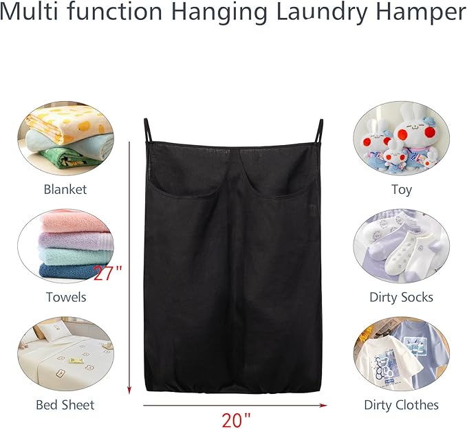 100% Pure Linen Dual Hanging Laundry Bag with 2 Deep Pocket and 2 Side Zipper 20x27in, Over The Door Laundry Hamper Space Saving Hampers for Dirty Clothes Home Travel, Black-Ruum Studio Home