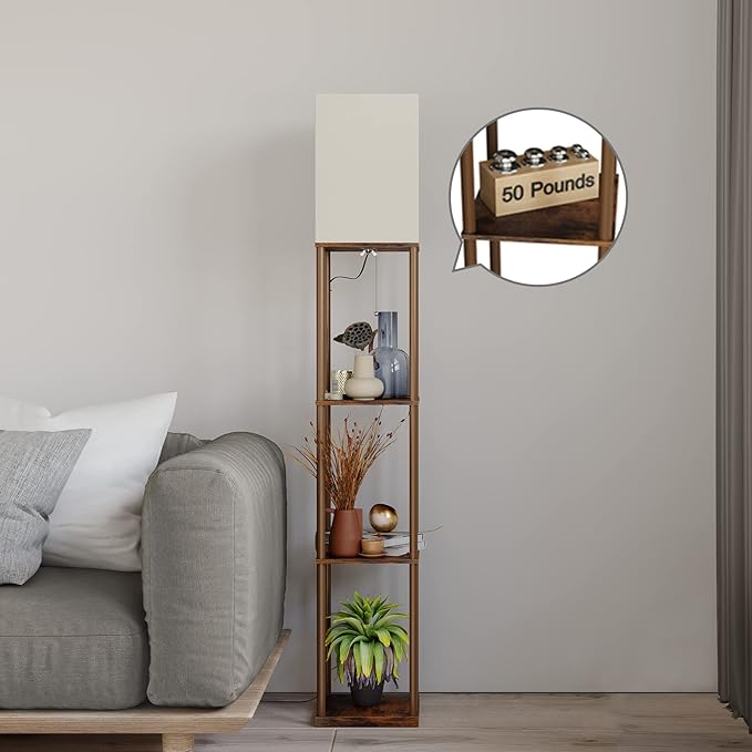 SUNMORY Floor Lamp with Shelves, Modern Square Standing Lamp with 3 Color Temperature Bulb, Corner Display Bookshelf Lamp for Living Room and Bedroom (Rustic Brown)-Ruum Studio Home