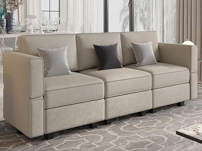 Belffin Modular Sofa Couch with Storage Seats Velvet 3 Seater Sofa for Living Room Grey-Ruum Studio Home