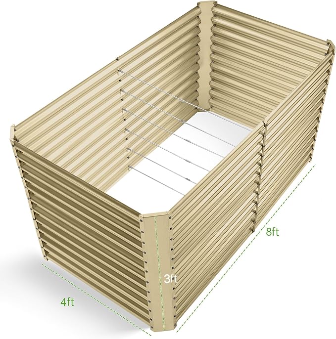 Land Guard 8x4x3ft Rectangular Galvanized Raised Garden Beds, Large-Capacity Metal Planter Box Outdoor, Durable Deep Raised Garden Bed 3ft Tall, Raised Beds for Gardening Vegetables, Cream Yellow-Ruum Studio Home