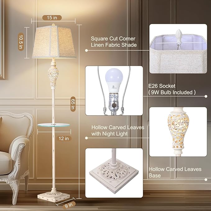 Vintage Floor Lamp with Nightlight and Glass Tray, Farmhouse Standing Lamp with White Washed Finish and Linen Shade, 65" Rustic Tall Lamp Decor for Living Room, Bedroom, Office, House (Bulb Included)-Ruum Studio Home