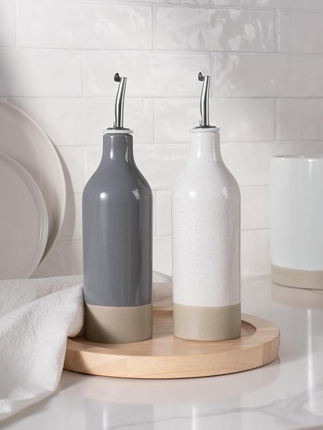 famiware Milkyway 16oz Ceramic Olive Oil Dispenser Bottle, Olive Oil and Vinegar Dispenser Bottle Set of 2 with Stainless Steel Pourers, Suitable for Storage Vinegar, Liquids, White and Dark Gray-Ruum Studio Home