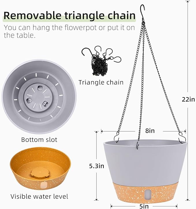 QCQHDU 2 Pack Hanging Planters for Indoor Outdoor Plants, 8 Inch Hanging Baskets Flower Pots with Reservoir Tray & Visible Water-Level-Ruum Studio Home