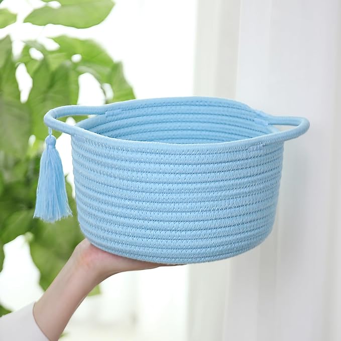 Empty Gift Basket – SweetMemo Mini Woven Rope Organizer Baskets for Gifting, Baby Shower, Desk, Makeup Brushes, Bathroom, Shelves – Small Decorative Storage Bin with Gift Bag & Ribbon – Soft Blue-Ruum Studio Home
