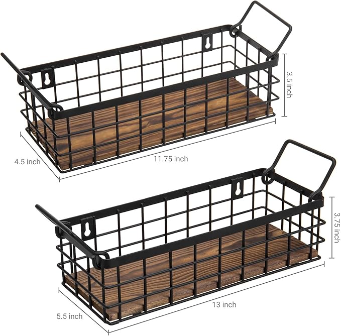 MyGift Set of 2 Wire Baskets for Pantry, Wall Mounted or Tabletop Black Metal Baskets for Organizing with Burnt Wood Base and Handles-Ruum Studio Home