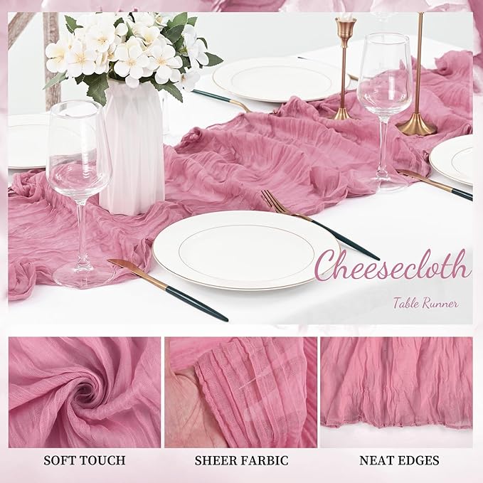 6 Pack Dusty Rose 10FT Cheesecloth Table Runner 20 x 120 Inch Long Rustic Gauze Fabric Cheese Cloth Table Runner for Wedding Bridal Baby Shower Table Decorations Boho Sheer Birthday Party Table Decor-Ruum Studio Home