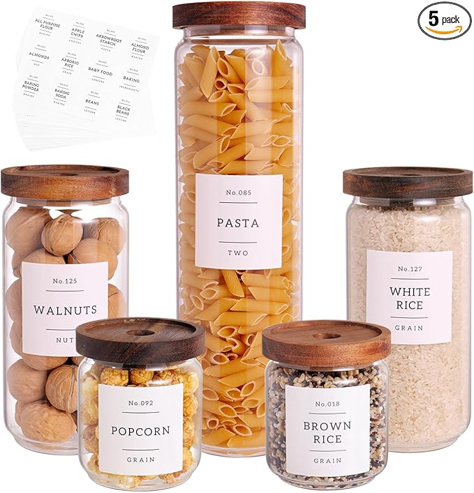 5 Set Glass Pantry Storage Jars with Acacia Airtight Lid - Thicken Glass Kitchen Canisters with 132 Pantry Labels - Clear Glass Food Storage Containers with Wood Lid for Tea,Sugar,Candy,Cookie,Pasta-Ruum Studio Home