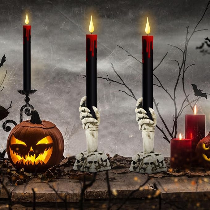 GenSwin Halloween Black Taper Flameless Candles with Ghost Hand Candlesticks and Remote Timer, 2 Pcs Battery Operated Taper Candles with Holder and 3D Flame for Halloween Decor-Ruum Studio Home