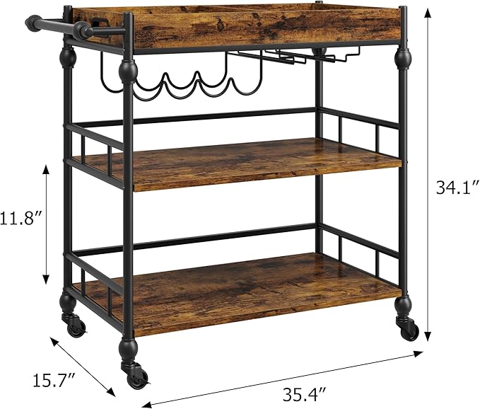 Bar Cart, Bar Carts for The Home, 3 Tier Serving Cart with Wheels, Home Bar & Serving Carts, Metal Rolling Cart with Wine Rack & Removable Tray for Kitchen, Dining Room, Living Room-Retro Brown-Ruum Studio Home