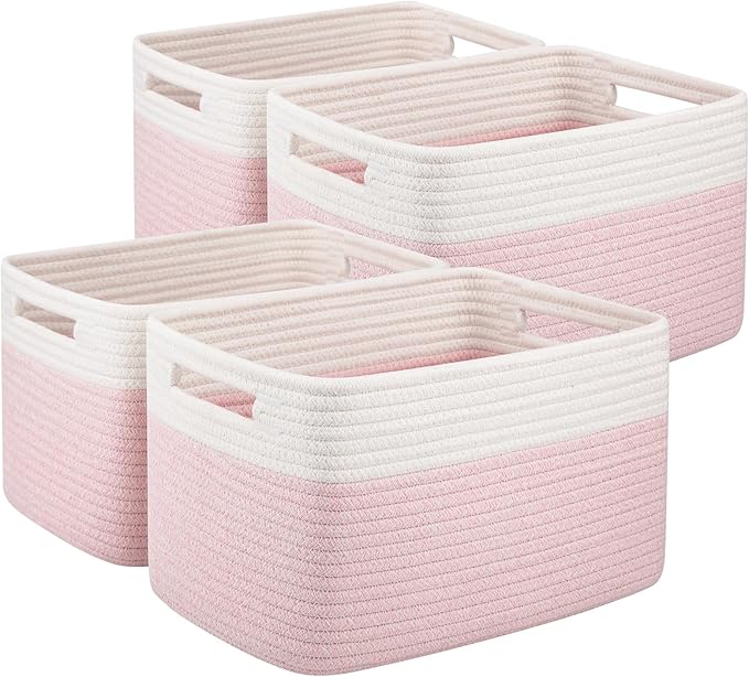 OIAHOMY 4 Pack Storage Baskets for Organizing, Basket for Shelves with Handle, Woven Baskets for Storage Toys, Towels, Books, Cotton Rope Basket 13" L x 9 " W x 7.8 " H, Pink & White-Ruum Studio Home