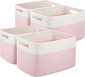OIAHOMY 4 Pack Storage Baskets for Organizing, Basket for Shelves with Handle, Woven Baskets for Storage Toys, Towels, Books, Cotton Rope Basket 13" L x 9 " W x 7.8 " H, Pink & White-Ruum Studio Home
