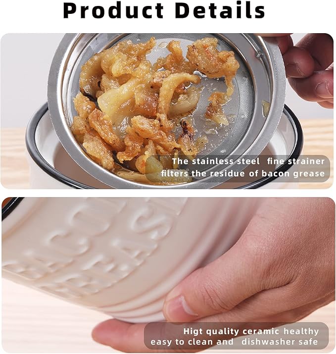 Ceramic Bacon Grease Container Keeper with Strainer,1L Frying Oil Storage Can White-Ruum Studio Home