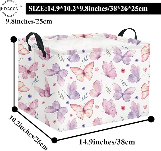 HIYAGON Rectangular Pink Basket for Girls Kids Baby Storage Basket Toy Storage Bin Organizer Box Room Decor(Watercolor Butterfly)-Ruum Studio Home