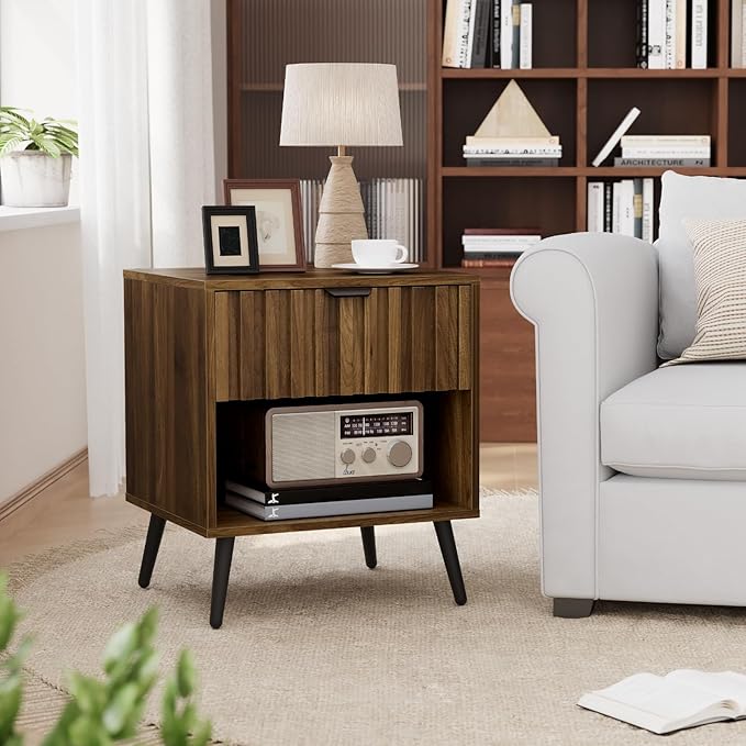 Smuxee Walnut Wooden Night Stand, Mid Century Nightstand with Fluted Drawer, Bedside Table with Open Shelf, Modern End Side Table for Bedroom-Ruum Studio Home