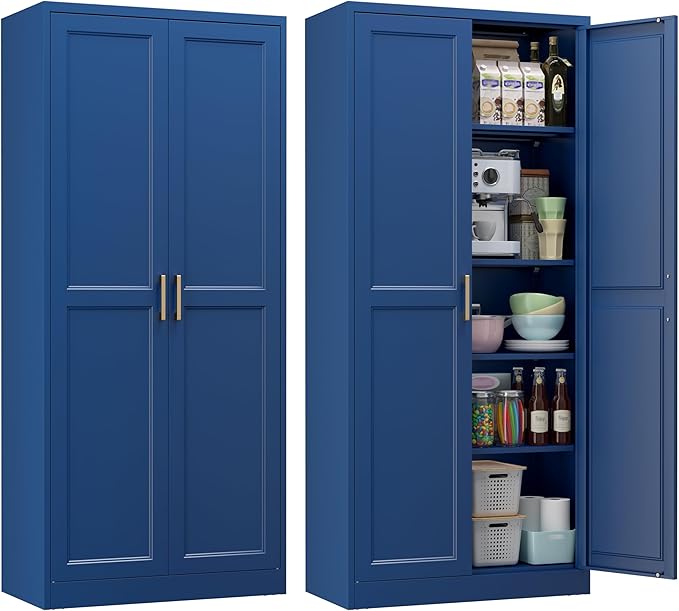 71" Metal Pantry Cabinet, Tall Kitchen Pantry Storage Cabinet with 4 Adjustable Shelves and Gold Handles, Blue Cupboard for Kitchen, Dining Room, Living Room-Ruum Studio Home