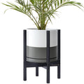 D'vine Dev Ceramic Planter with Ebony Stand - 10 Inch Modern Round Flower Pot with Wood Planter Holder, White/Grey, 55-B-L-6-Ruum Studio Home