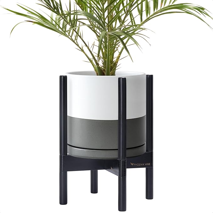 D'vine Dev Ceramic Planter with Ebony Stand - 10 Inch Modern Round Flower Pot with Wood Planter Holder, White/Grey, 55-B-L-6-Ruum Studio Home