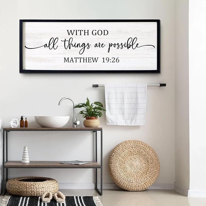 With God All Things are Possible Framed Wall Art, 40''×15'' Positive Holy Religious Rustic Bible Verse for Christian God Jesus Christ Prayer, Vintage Horizontal Inspirational Catholic Scripture Decor-Ruum Studio Home