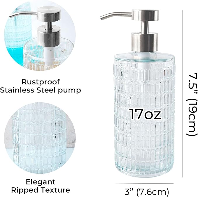 Lunestella Elegant Glass Hand Soap Dispenser with Stainless Steel Pump, for Bathroom and Kitchen, Rust Proof, 17oz (Silver)-Ruum Studio Home