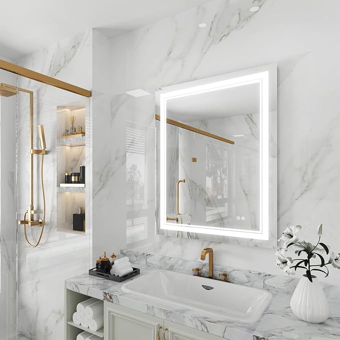 WELLFOR LED Bathroom Vanity Mirror 28 x 36 Inch, Lighted Anti-Fog Dimmable Mirror, IP44 Waterproof Wall Mounted Makeup Mirror, Packed with US Standard Plug and Touch Switch, (Horizontal/Vertical)-Ruum Studio Home