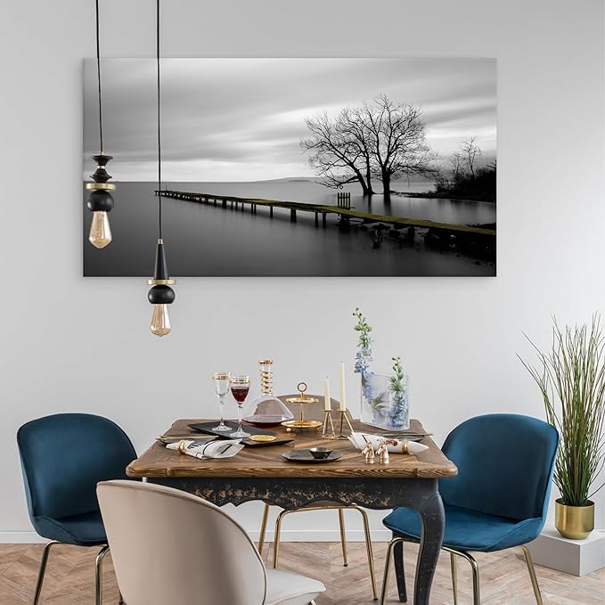 DZL Art S74998 Gray Canvas Prints Modern Minimalist Black and White Lake Trees Landscape Wall Art Painting for Living Room Bedroom Decor Office Wall Decor Home Decoration-Ruum Studio Home