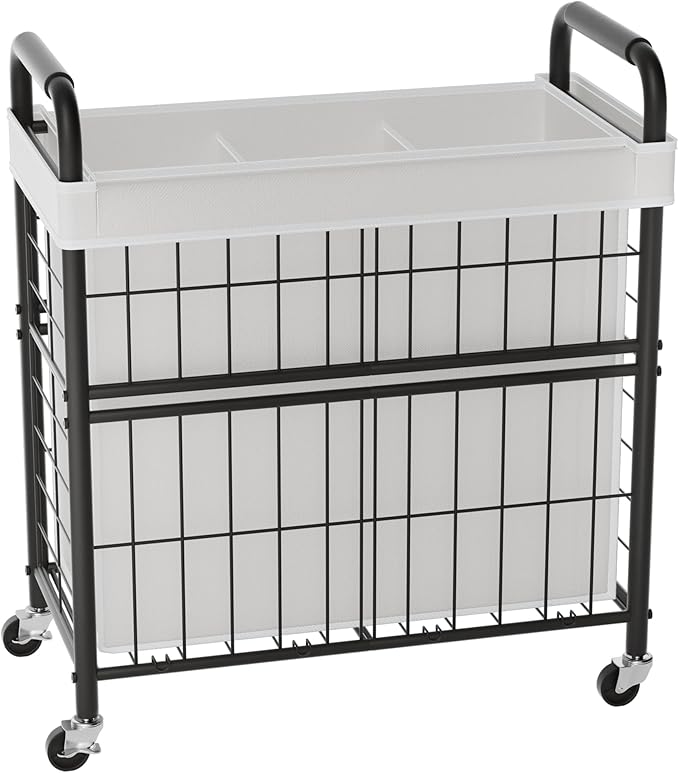 Laundry Hamper 3 Section, 145L Rolling Laundry Sorter Basket with Wheels, 3 Compartment Clothes Organizer Cart, Pull-Out Removable Bags for Laundry Room, Bathroom, Bedroom, White-Ruum Studio Home