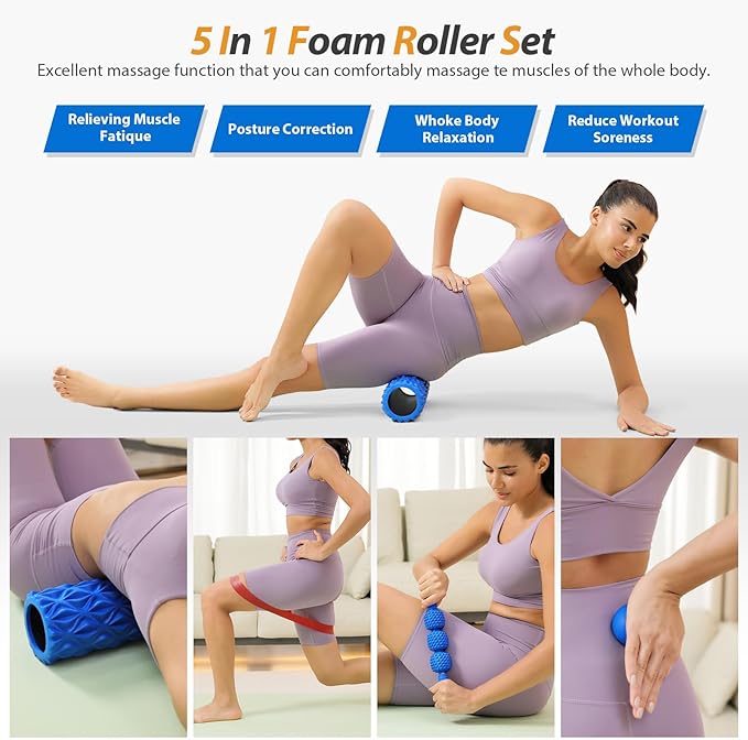 5 in1 Foam Roller Set, Trigger Point Foam Roller, Massage Roller Stick, Massage Ball, Resistance Band for Deep Muscle Massage Pilates Yoga,Fitness Exercise for Whole Body (Pure Blue)-Ruum Studio Home