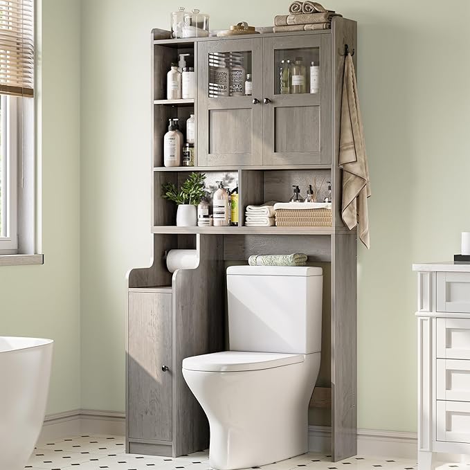 Itaar Over The Toilet Storage Cabinet, Over Toilet Bathroom Organizer with Glass Doors & Toilet Paper Holder Stand, Home Space-Saving Toilet Rack, for Bathroom, Restroom, Laundry, Grey-Ruum Studio Home