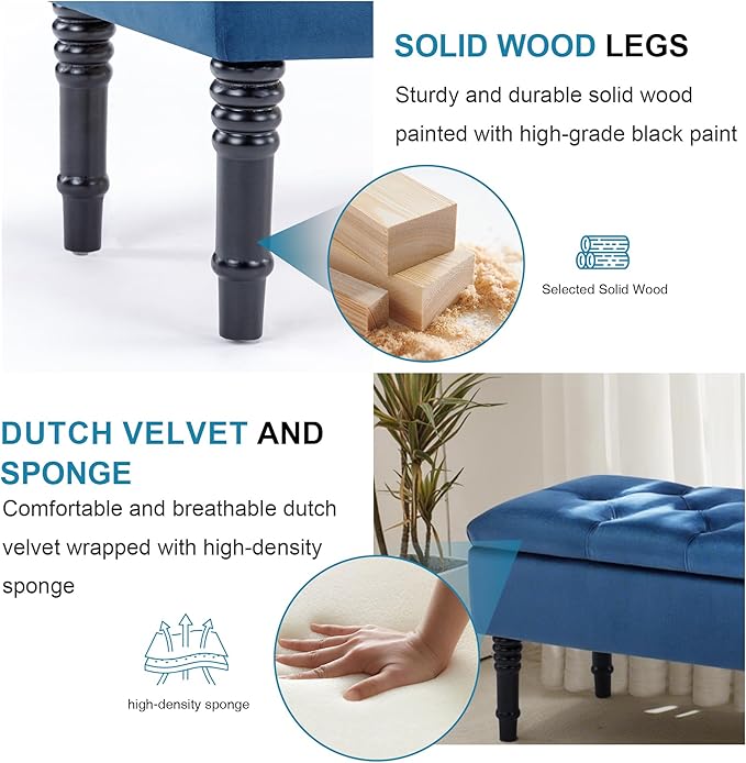 Ottoman with Storage Velvet Storage Bench Holds Up to 500 lbs Ottomans Upholstered Bench with Seating for Bedroom, Living Room, Blue-Ruum Studio Home
