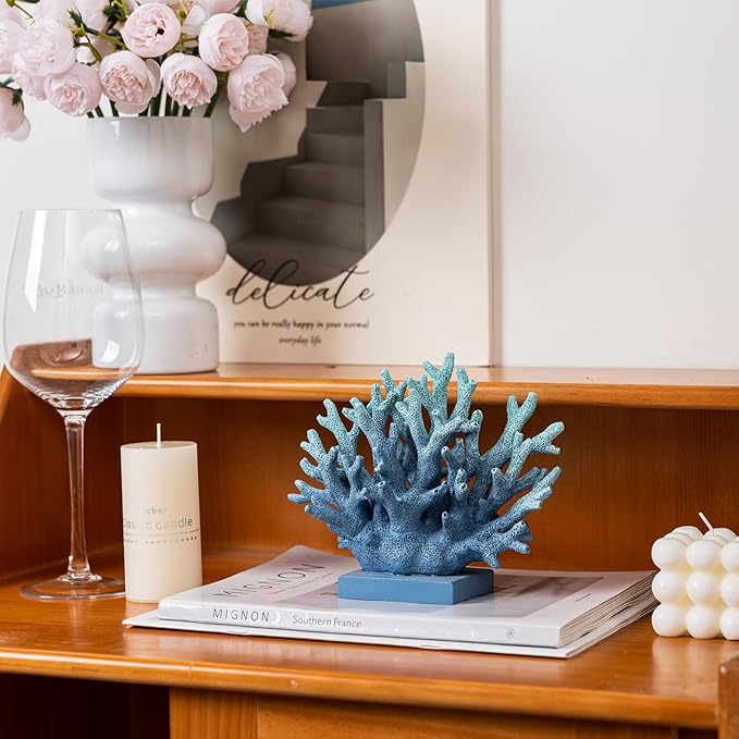 5.8" H Blue Coral Decor, Resin Coral Statue, Nautical Decorations for Home, Beach/Coastal/Ocean Themed Cabinet Shelf Tabletop Decor-Ruum Studio Home