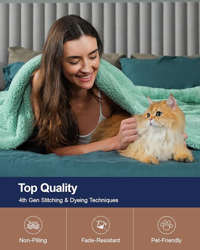 Pawque Super Soft Cozy Throw Blanket Queen Size for Couch Bed, Fluffy Sherpa Fleece Reversible Thick Warm Fuzzy Blanket for All-Season, 3D Checkered Jacquard Decorative Blankets, Sage Green, 90"x90"-Ruum Studio Home