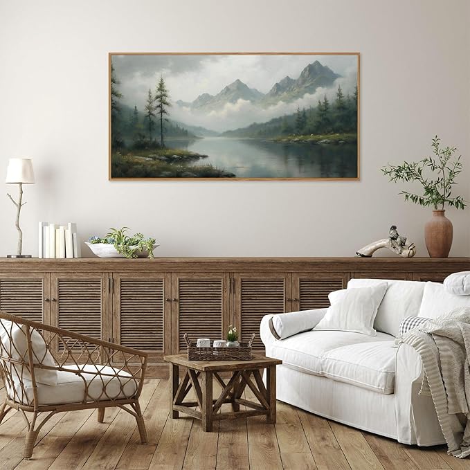 SIGNINART Large Misty Mountain Framed Canvas Wall Art, Green Forest River Scenery Wall Decor, Modern Foggy Wooden Landscape Artwork, Oil Style Nature Art Print for Living Room Bedroom Office 20"x40"-Ruum Studio Home