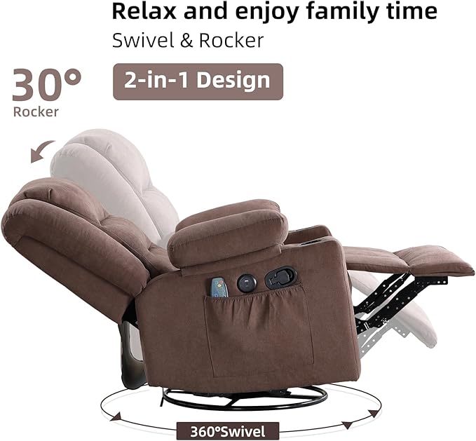 Rocker Recliner Chair with Heat and Massage, 360° Swivel Recliner Chairs for Adults, Heavy Duty Reclining Sofa Chair with USB Port Cup Holders Side Pockets for Living Room (Brown)-Ruum Studio Home