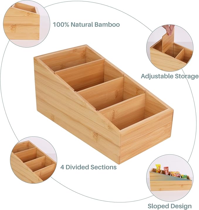 HTB 4-Section Snack Organizer with Removable Dividers for Kitchen, Cabinet, Office, Countertop, 2 Pack Bamboo Pantry Storage Organization for Spice Packets, Seasoning Pouches, Coffee Pods-Ruum Studio Home