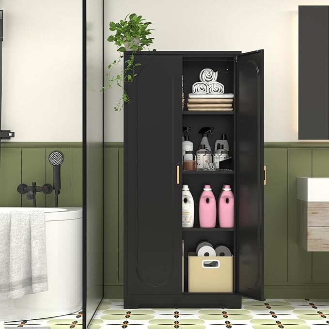 60" Tall Kitchen Pantry Cabinet, Metal Pantry Cabinet with Doors and Adjustable Shelves, Black Utility Storage Cabinet with Handles for Dining Room, Bathroom, Laundry Room - Assemble Required-Ruum Studio Home