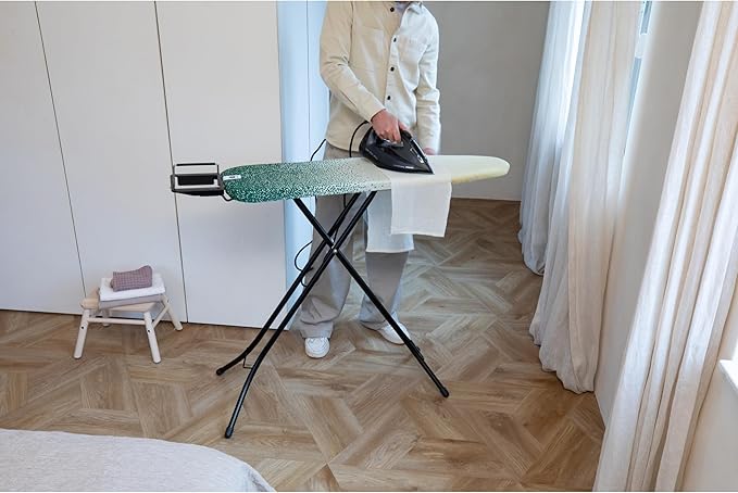 Brabantia Size A Compact Small Ironing Board (43x12 in) 7 Height Options, Adjustable Steam Iron Rest Holder (New Dawn) Non-Slip Feet, Anti-Collapse Child Locks-Ruum Studio Home
