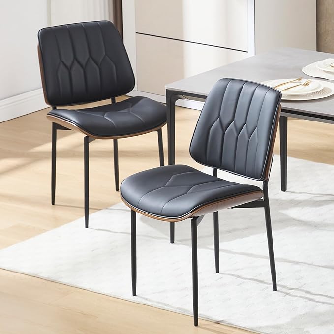 BV Mid Century Modern Dining Chairs Set of 2, Upholstered Pu Leather Accent Chair with Walnut Bentwood Back, Armless Kitchen Chair for Dining Room, Living Room, Kitchen, Black-Ruum Studio Home