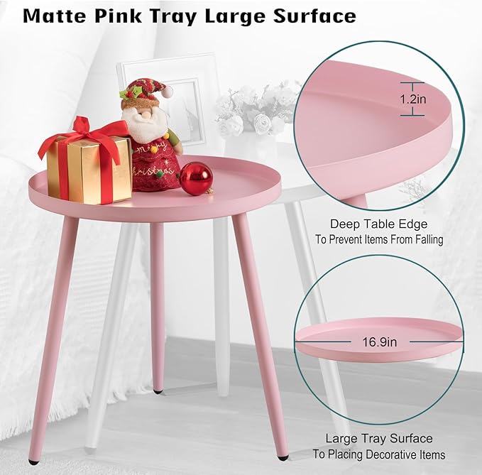 AOJEZOR Side Table: End Table for Any Room - Round Side Tables for Small Spaces - Pink with 3 Legged-Ruum Studio Home