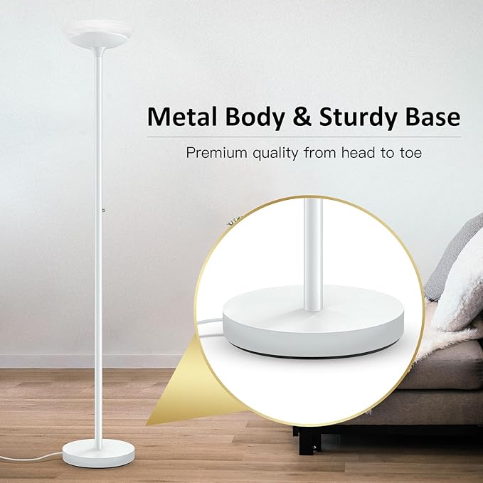 BoostArea Torchiere Floor Lamp, 24W Super Bright LED Standing Lamp, Stepless Dimmable Pole Lamp with 3000K Lighting, Glass Lampshade, 71Inch Tall Metal Modern Floor lamps for Living Room/Bedroom White-Ruum Studio Home