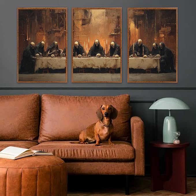 KAIRNE Framed Skeleton Canvas Wall Art,Abstract Retro Skull Pictures Set of 3(16”X24”),Scary Halloween Prints,Horror Wall Art,Skeleton Last Supper Posters for Living Room Bedroom Ding Room Decoration-Ruum Studio Home