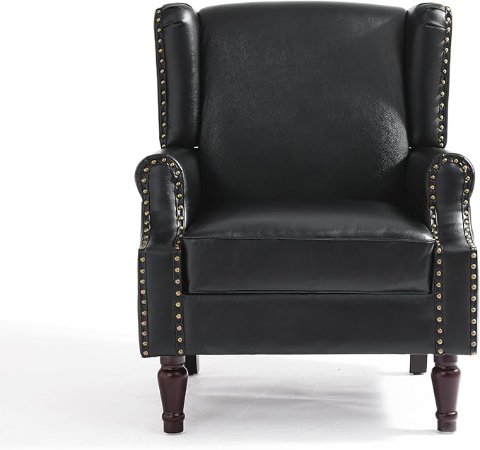 UIXE Faux Leather High Back Accent Chairs Set of 2, Upholstered Armchair for Living Room, Retro Wingback Arm Chair Nailhead Trim Single Sofa Bedroom Reading Seat with Solid Wood Legs - Black-Ruum Studio Home