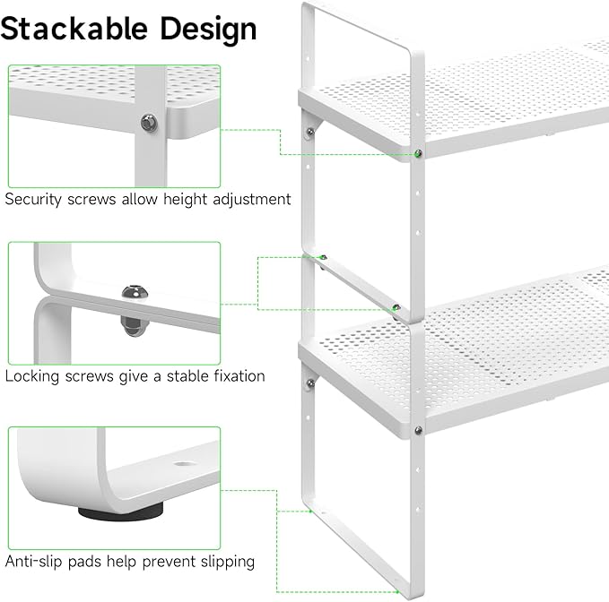 Expandable Cabinet Storage Shelf Stackable Organizer Rack for Kitchen Bathroom Pantry Spice Cupboard Coffee Countertop Home Office Desk Heavy Duty Nonslip White Small 2 Packs-Ruum Studio Home