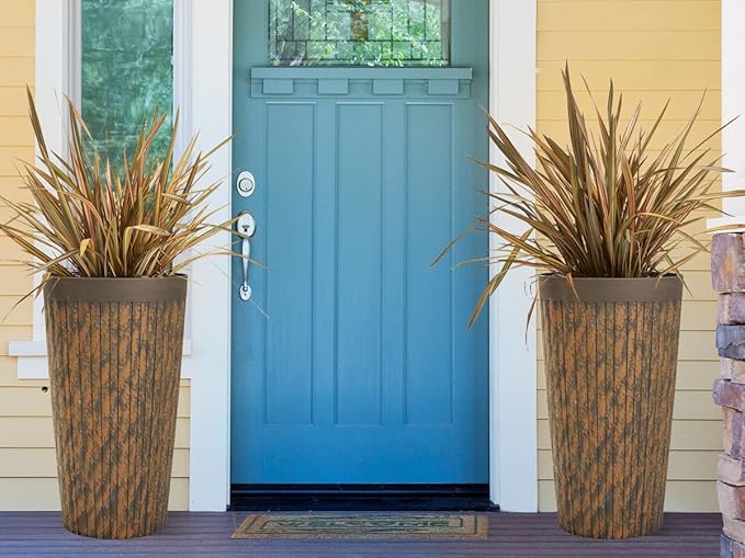 Worth Garden 22.5" H. Plastic Planters - Set of 2 Vintage Brown Tall Conical Plant Pots for Indoor Outdoor Use - Decorative Lightweight Flower Pots for Front Porch, Patio, Deck - 12.5" Dia x 22.5" H-Ruum Studio Home