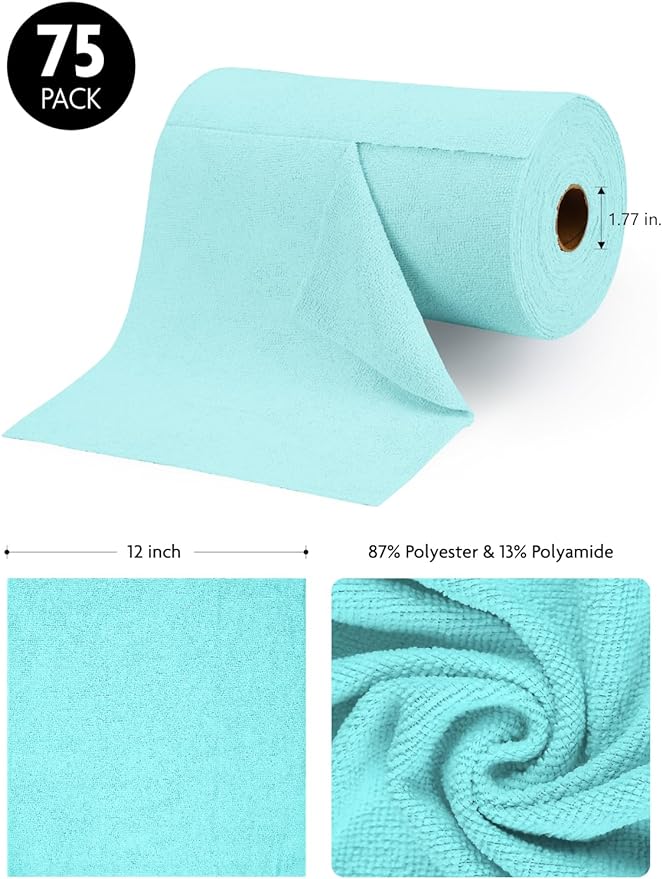 Fantasticlean Microfiber Cleaning Cloth Roll -75 Pack, Tear Away Microfiber Towels, 12" x 12", Reusable, Washable, Scratch Free, Ultra Absorbent Dish Rags for Car, Home, Garage or Shop (Blue)-Ruum Studio Home
